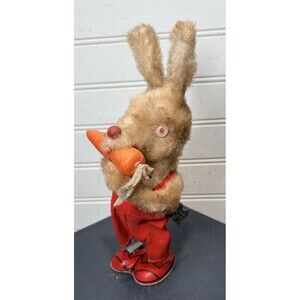 Antique 1950’s Carrot Bunny Plush & Tin Mechanical Windup Toy **Working**